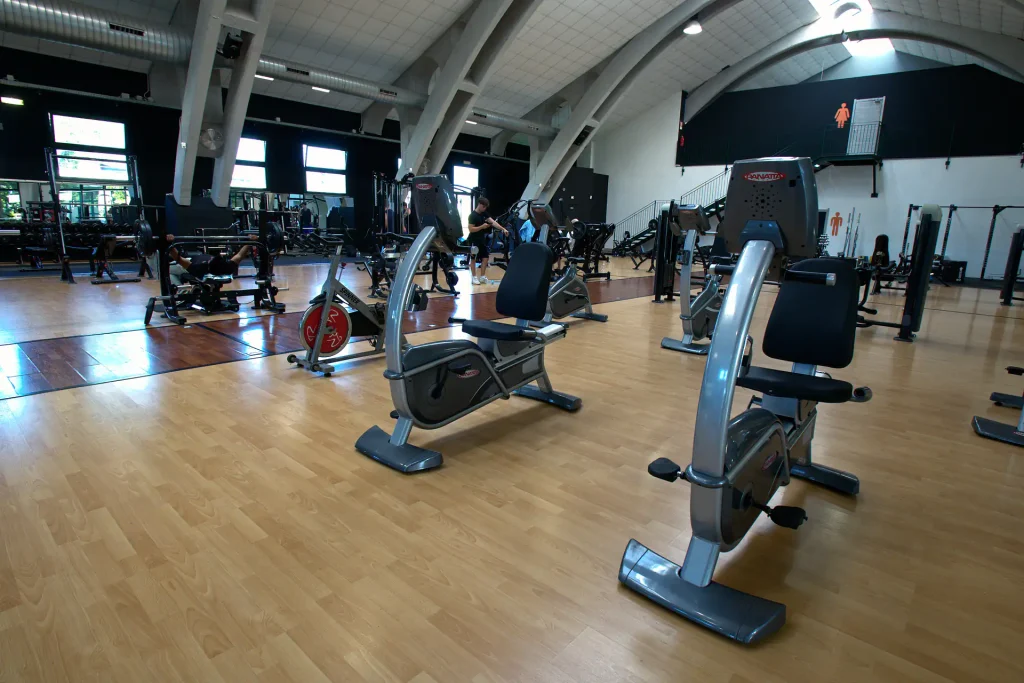 Area cardio della palestra ViBE Fitness a Barlassina con macchinari Panatta, cyclette e recline su pavimentazione in parquet.