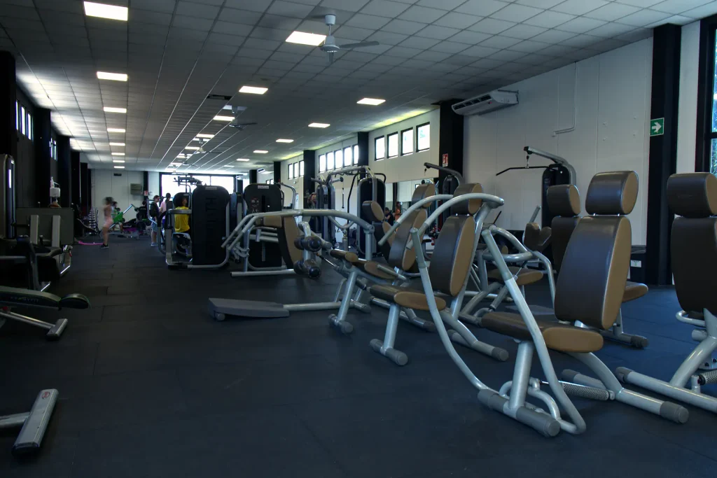 Area attrezzi di ViBE Fitness Seregno con macchinari isotonici Panatta con imbottitura marrone, pavimentazione gommata nera e ventilatori a soffitto.