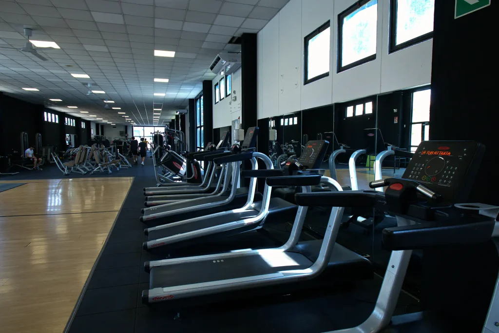 Fila di tapis roulant Panatta Fenix lungo la parete a specchi nella zona cardio di ViBE Fitness Seregno, con pavimentazione gommata e parquet.